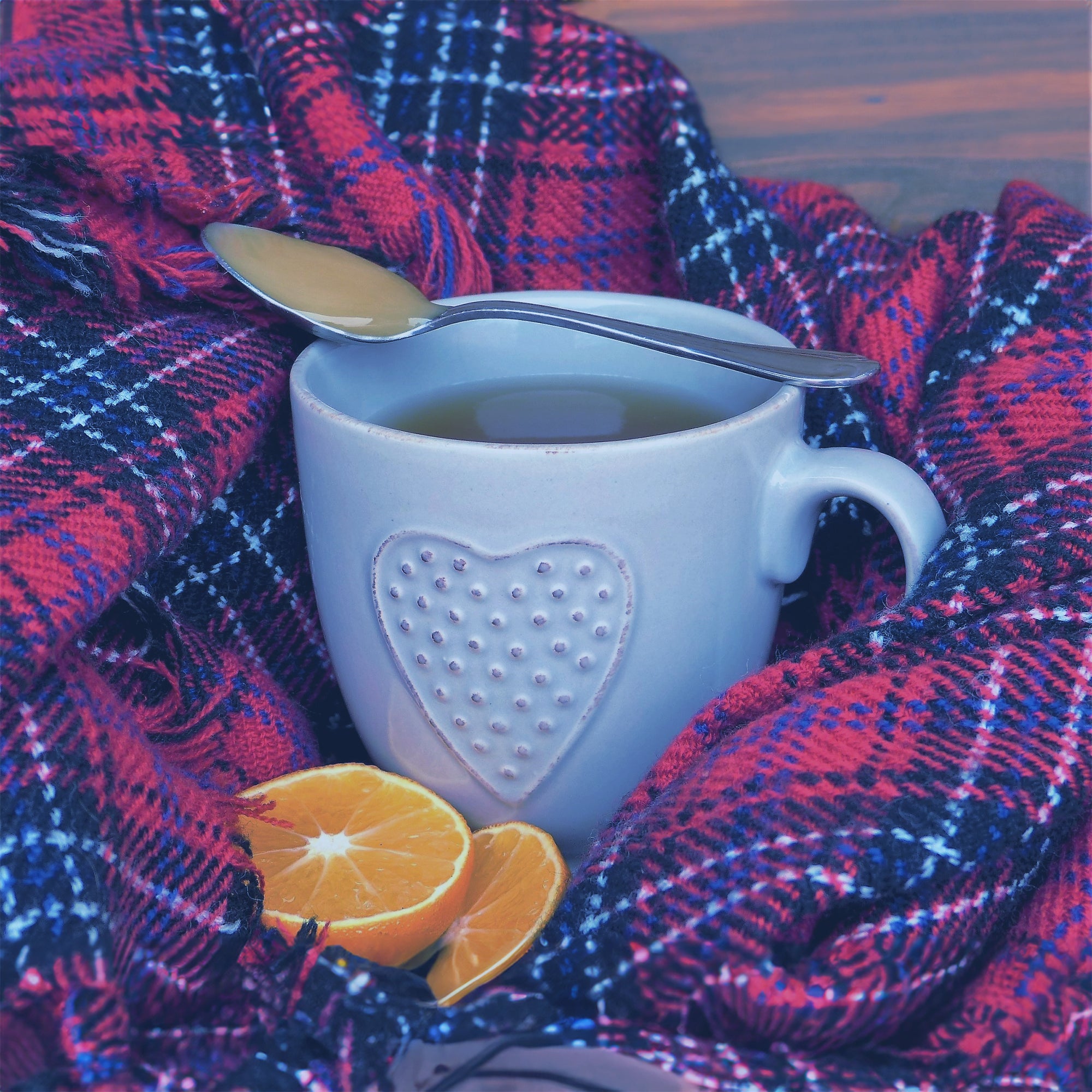 A tea cup in a flannel blanket with a sliced orange and a spoon with what looks like honey on it.