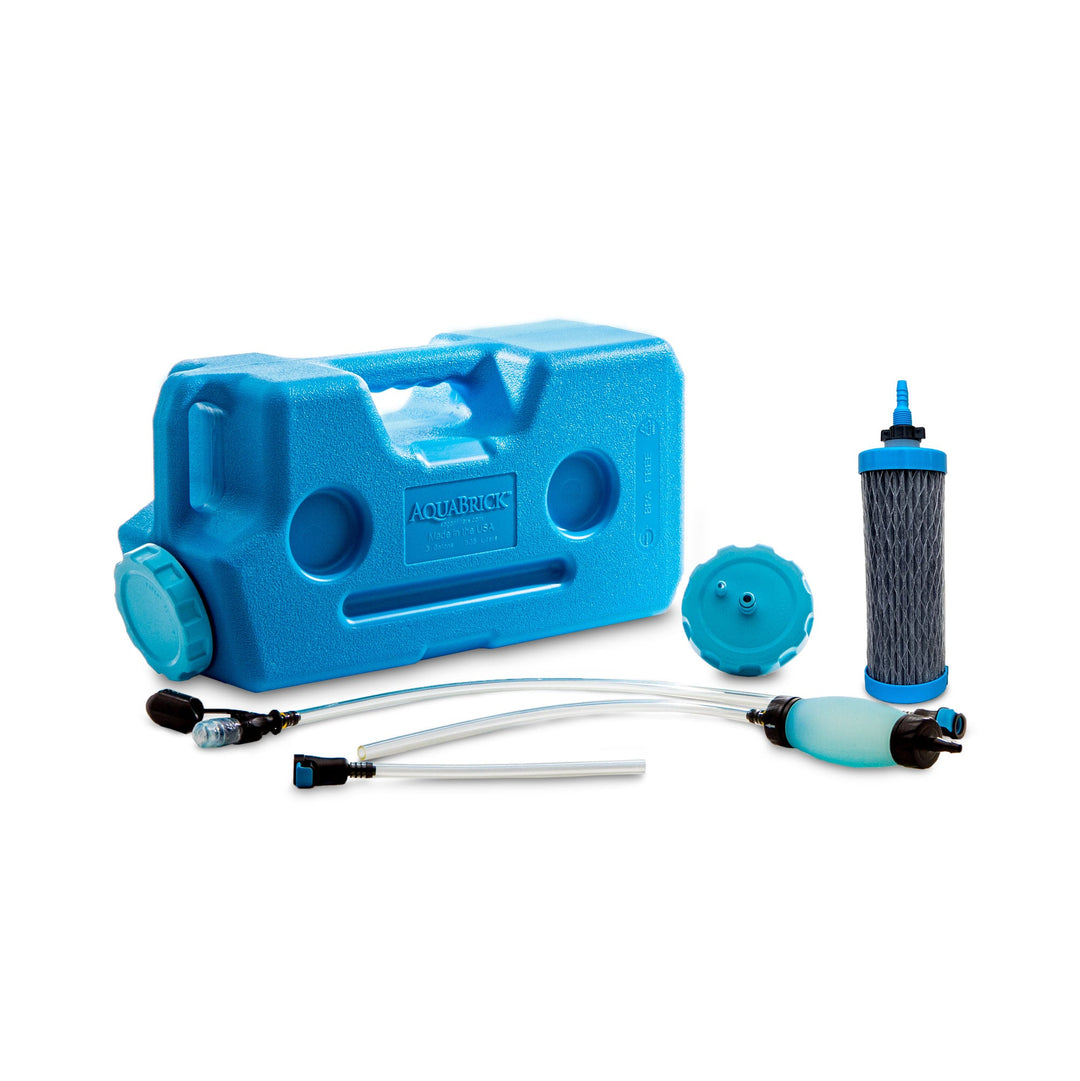 Sagan Aquabrck Water Filtration System. 3 gallon water storage, Hand pup, spigot, tubing and DuraFlo Water Filter.