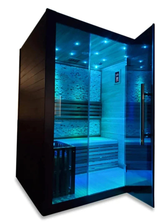 anadian Red Cedar Wet Dry Traditional Indoor Swedish Steam Sauna SPA 6KW Harvia Heater for 2 Persons side view with blue lights