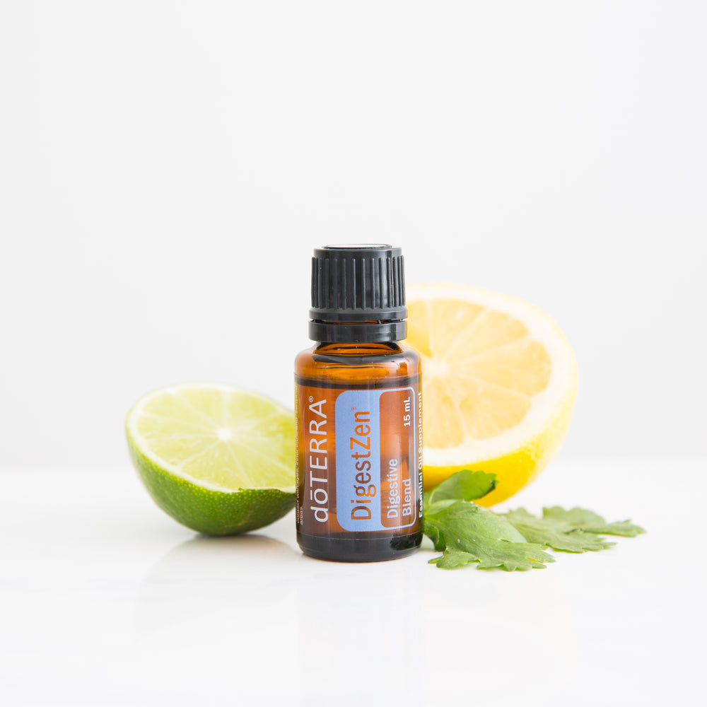 doTERRA DigestZen Digestive Blend 15 ml with lime background