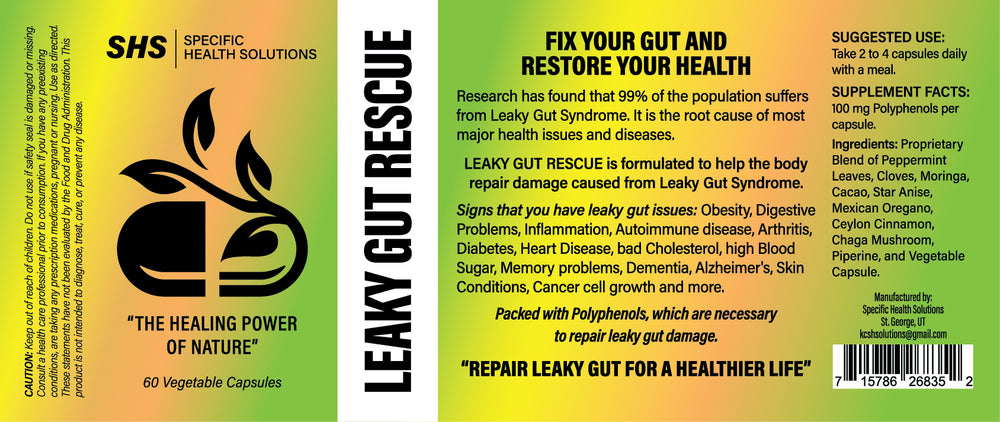 Specific Health Solutions Leaky Gut Rescue 60 Vegetable Capsules. Packed with Polyphenols. which are necessary to repair leaky gut damage. Formulated to help the body repair damage from Leaky Gut Syndrome that causes of most major health issues. With the healing power of nature fix your gut and restore your health!