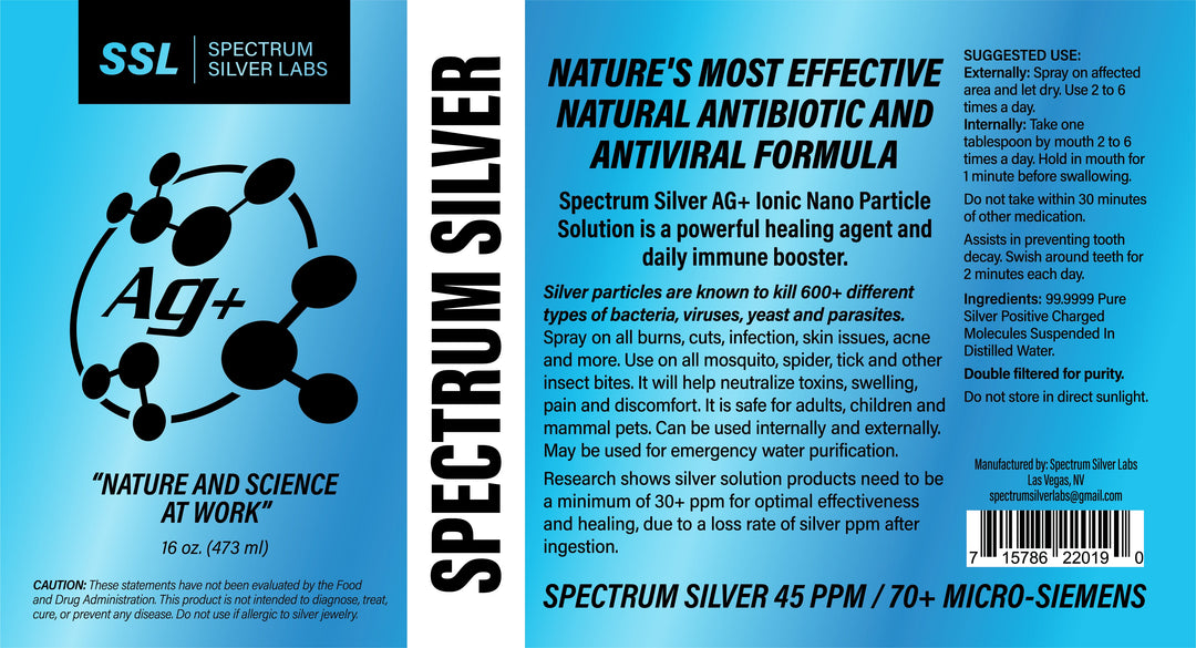 SSL Spectrum Silver 45PPM/70+micro-siemens Nature's most effective natural antibiotic and anti viral formula. Spectrum Silver AG+Ionic Nano Particle Solution is a powerful healing agent and daily immune booster.