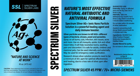 SSL Spectrum Silver 45PPM/70+micro-siemens Nature's most effective natural antibiotic and anti viral formula. Spectrum Silver AG+Ionic Nano Particle Solution is a powerful healing agent and daily immune booster.