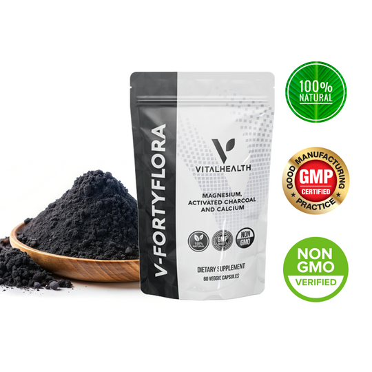 VITALHEALTH V-FORTYFLORA Magnesium, Activated Charcoal and Calcium Dietary Suplement 60 Veggie Capsules 100% Natural and Organic, NON GMO Verified , GMP Certified