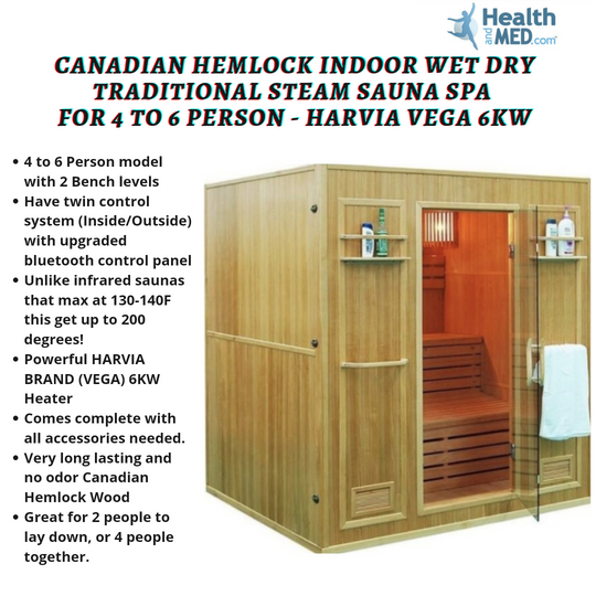 Canadian Hemlock Indoor Wet Dry Traditional Steam Sauna Spa for 4 to 6