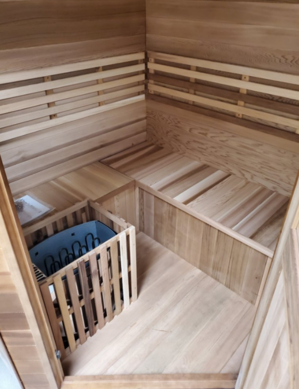 Inside of 4 Person Steam Sauna SPA w/ Shingled Roof Canadian Cedar Harvia 6KW