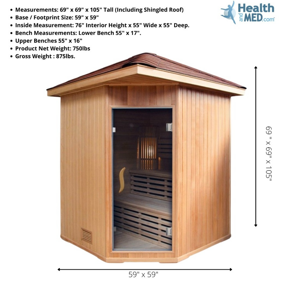 Canadian Hemlock Triple Bench Outdoor Wet/Dry Traditional Sauna Spa for 4 to 6 Person