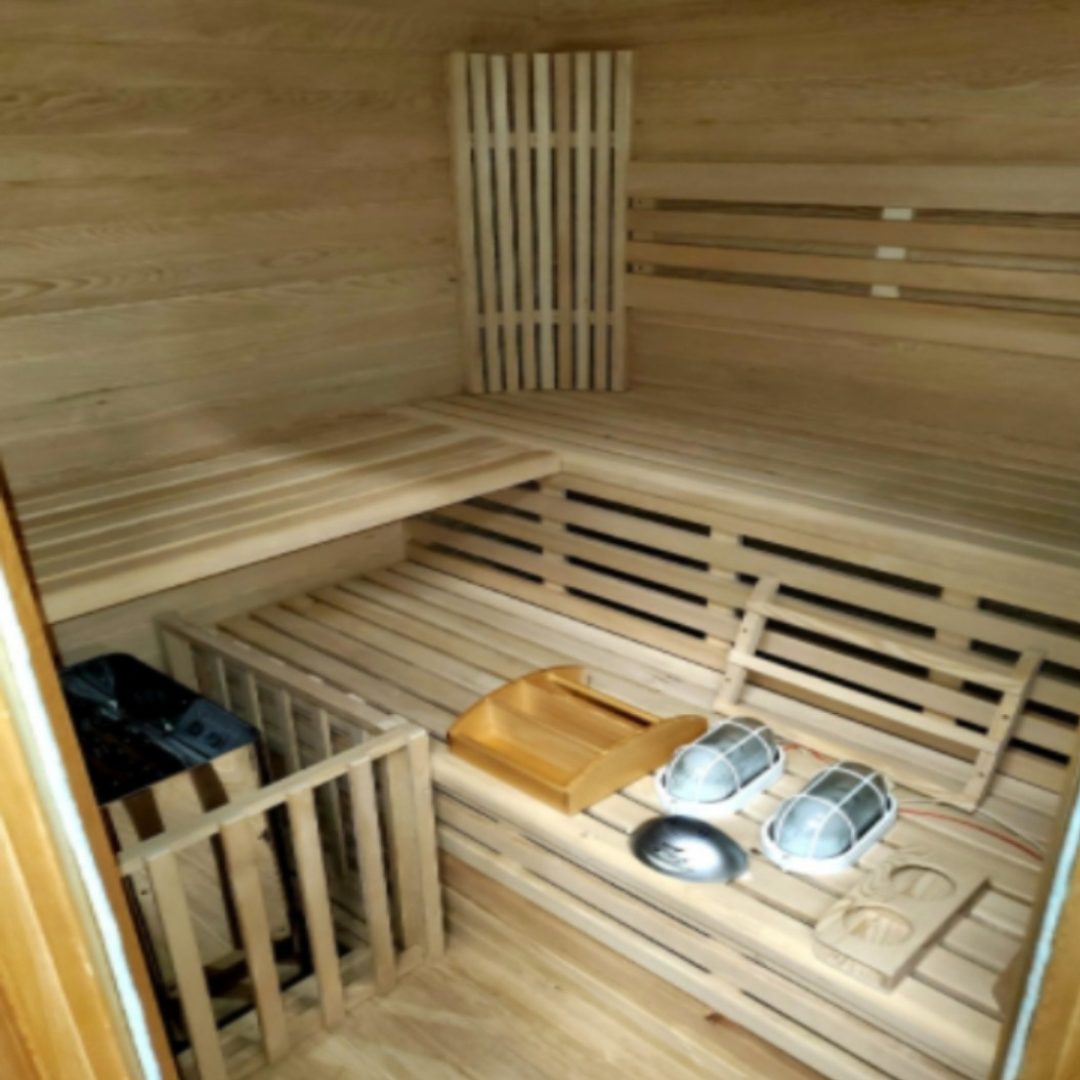Canadian Hemlock Triple Bench Outdoor Wet/Dry Traditional Sauna Spa for 4 to 6 Person- Interior