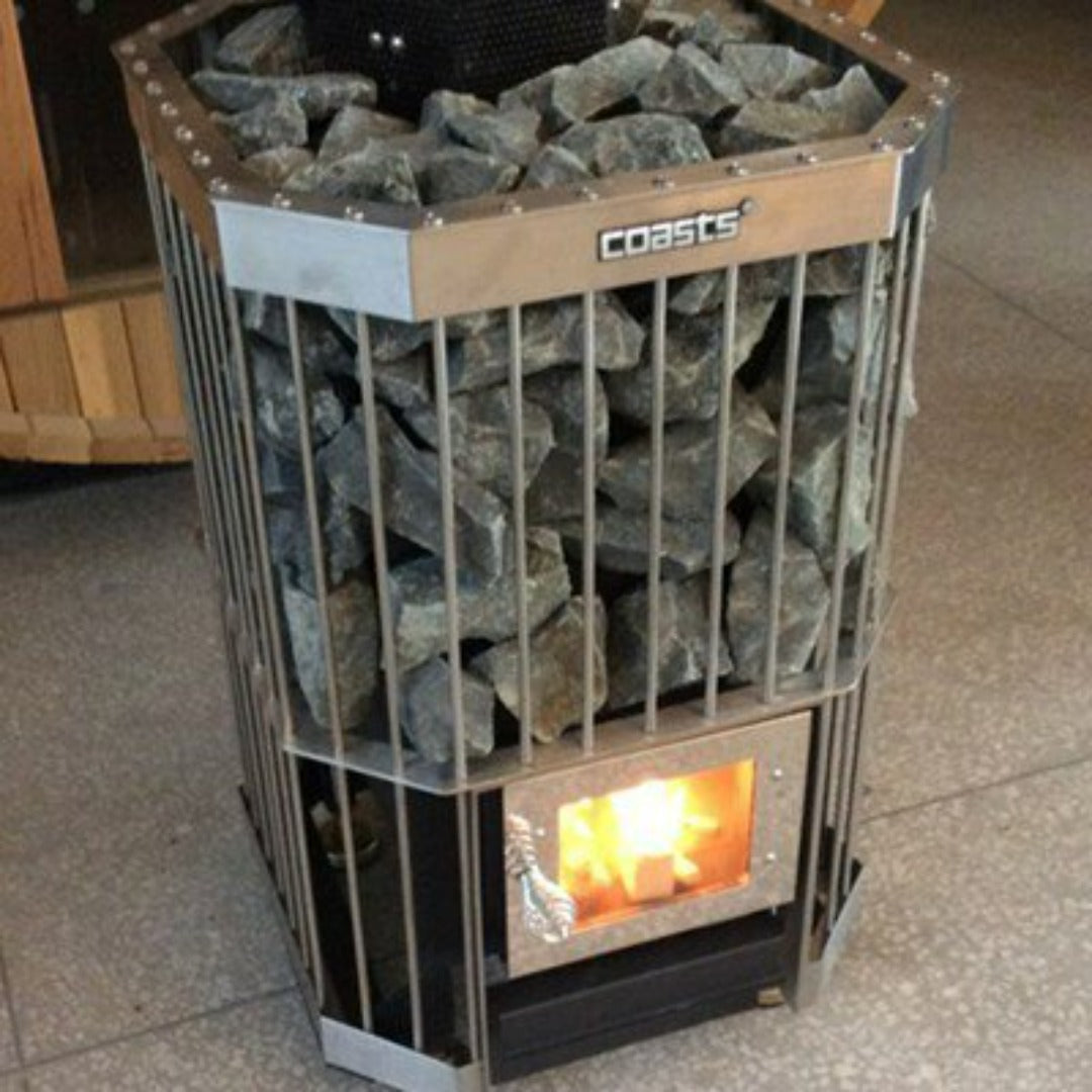 Coasts Wood Burning Stove Heater with Vent Kit and Rocks Cage Type for Traditional Steam Sauna Spa Glass door shows fire