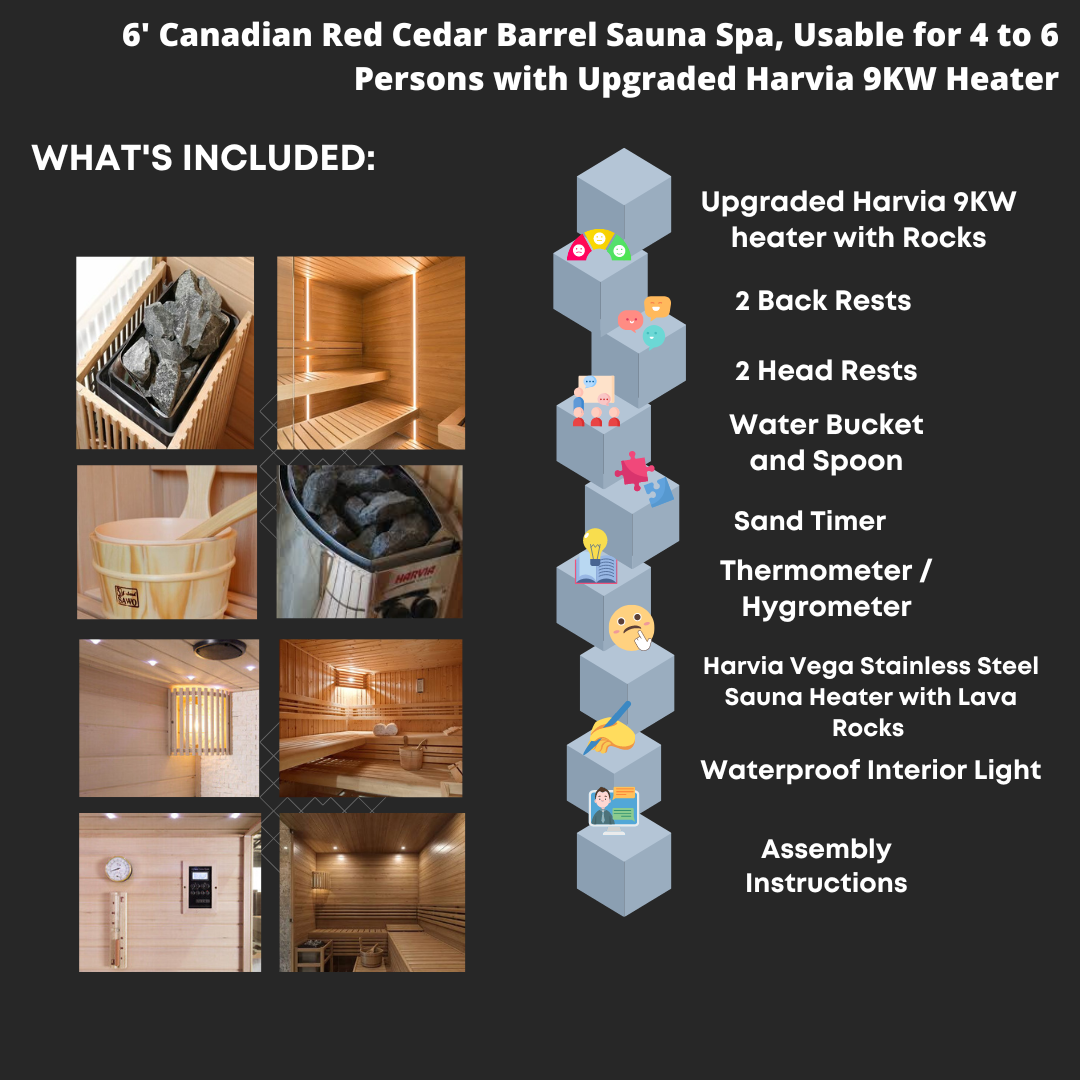 6' Canadian Red Cedar Barrel Sauna Spa, Usable for 4 to 6 Persons