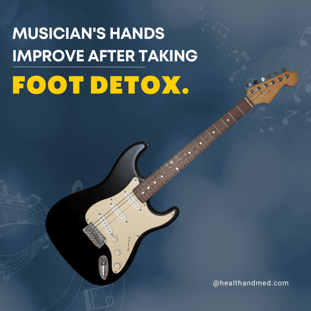Picture of an electric guitar on a bluish cloudy background.  Text reads Musician's Hands Improve after Taking Foot Detox
