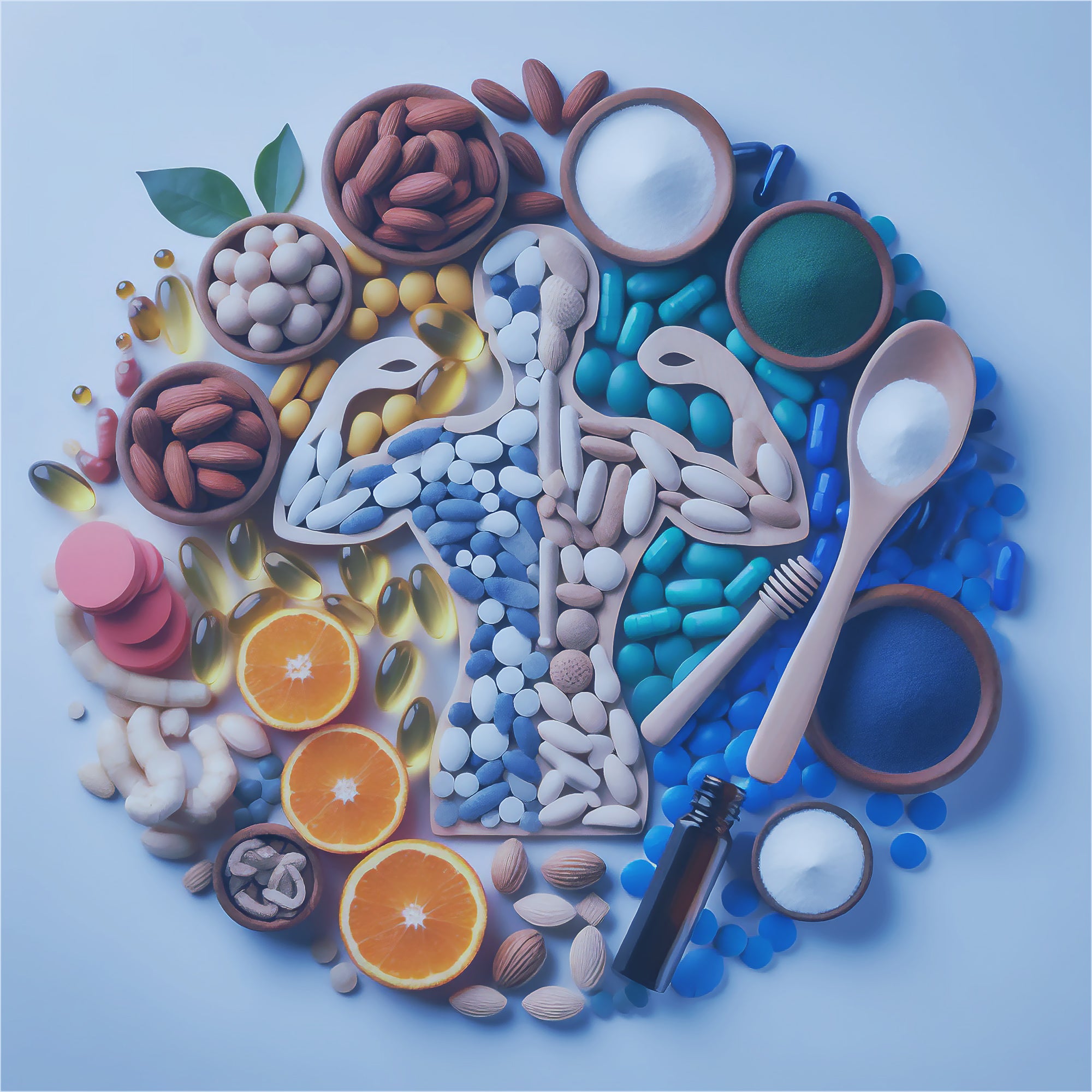 A Collage of various different supplemental pills and powders and fruits arranged in a circle with the depiction of a human in the middle. This image conveys the idea of hormone supplements for men and women, using natural ingredients and colors.