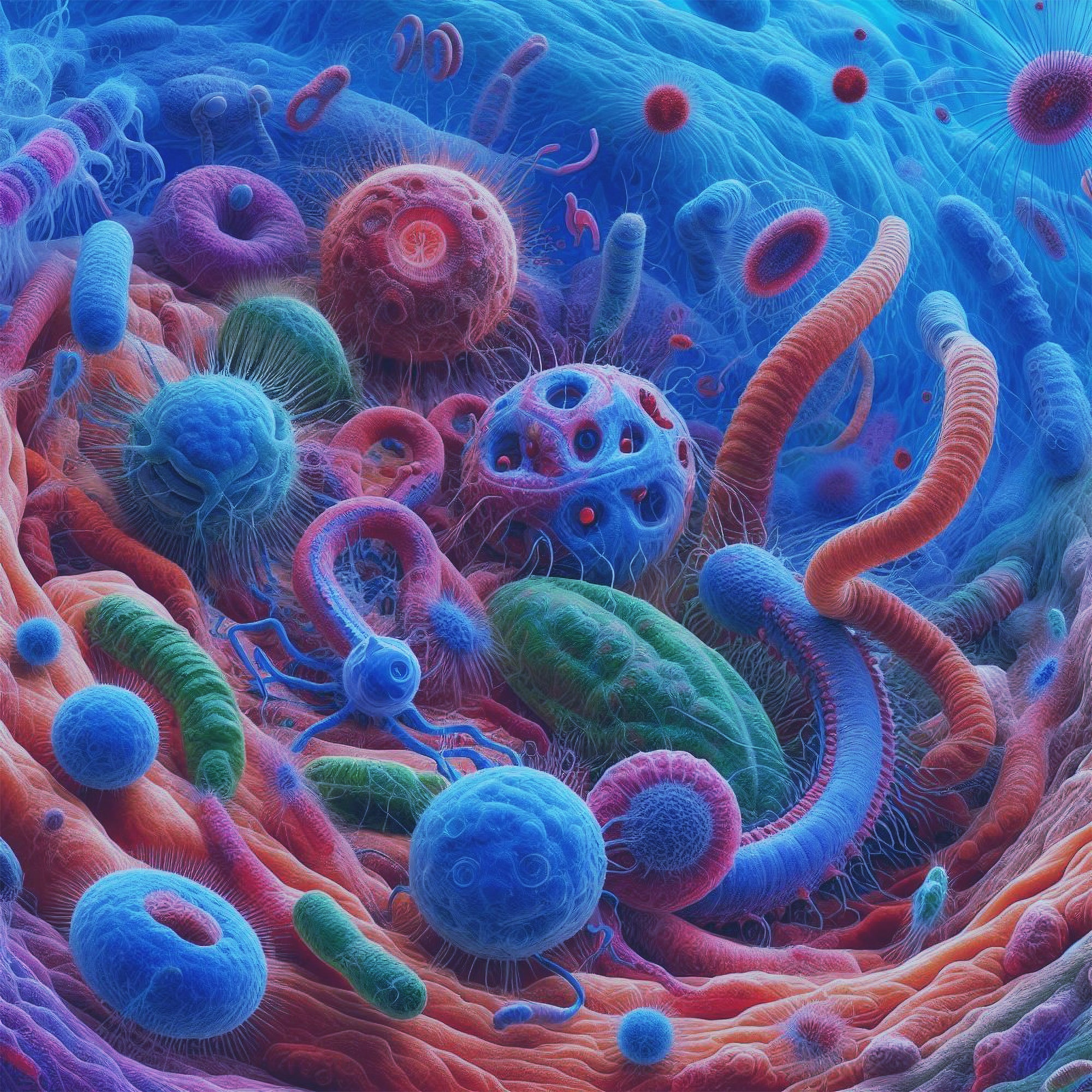 An artistic representation of parasites in the body.