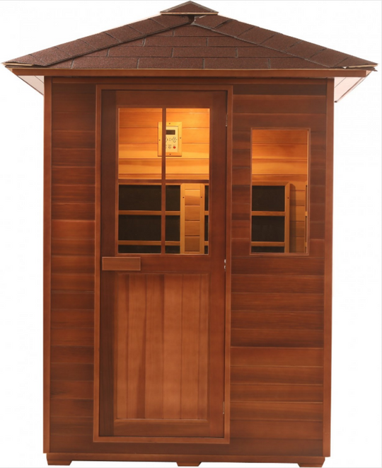 Canadian Red Cedar Traditional Steam Outdoor Sauna / SPA Sound System 6KW Heater Upgrade- for 3 persons. Front view.