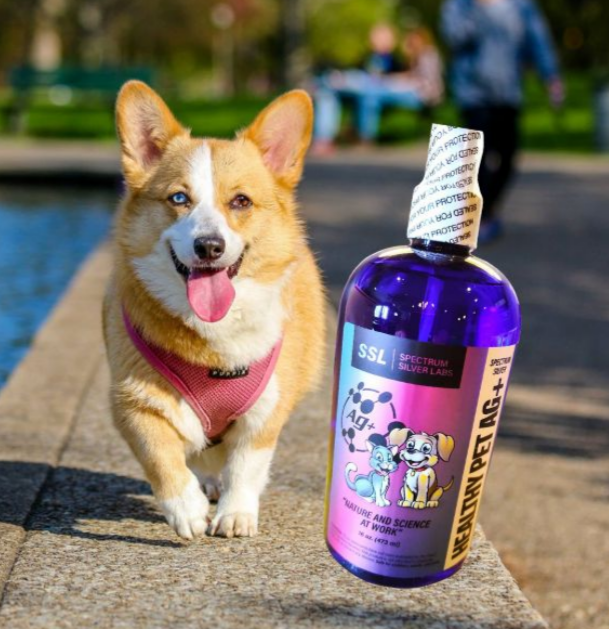 SSL Spectrum Healthy Pet AG+ Spectrum Ionic Silver "Nature and Science at Work" with dog model