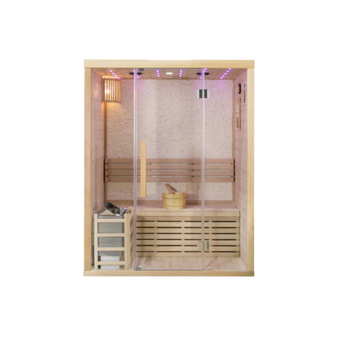 Canadian Hemlock Glass Front Indoor Swedish Wet & Dry Traditional Steam Sauna – 4.5KW Heater Upgrade for 2 Persons