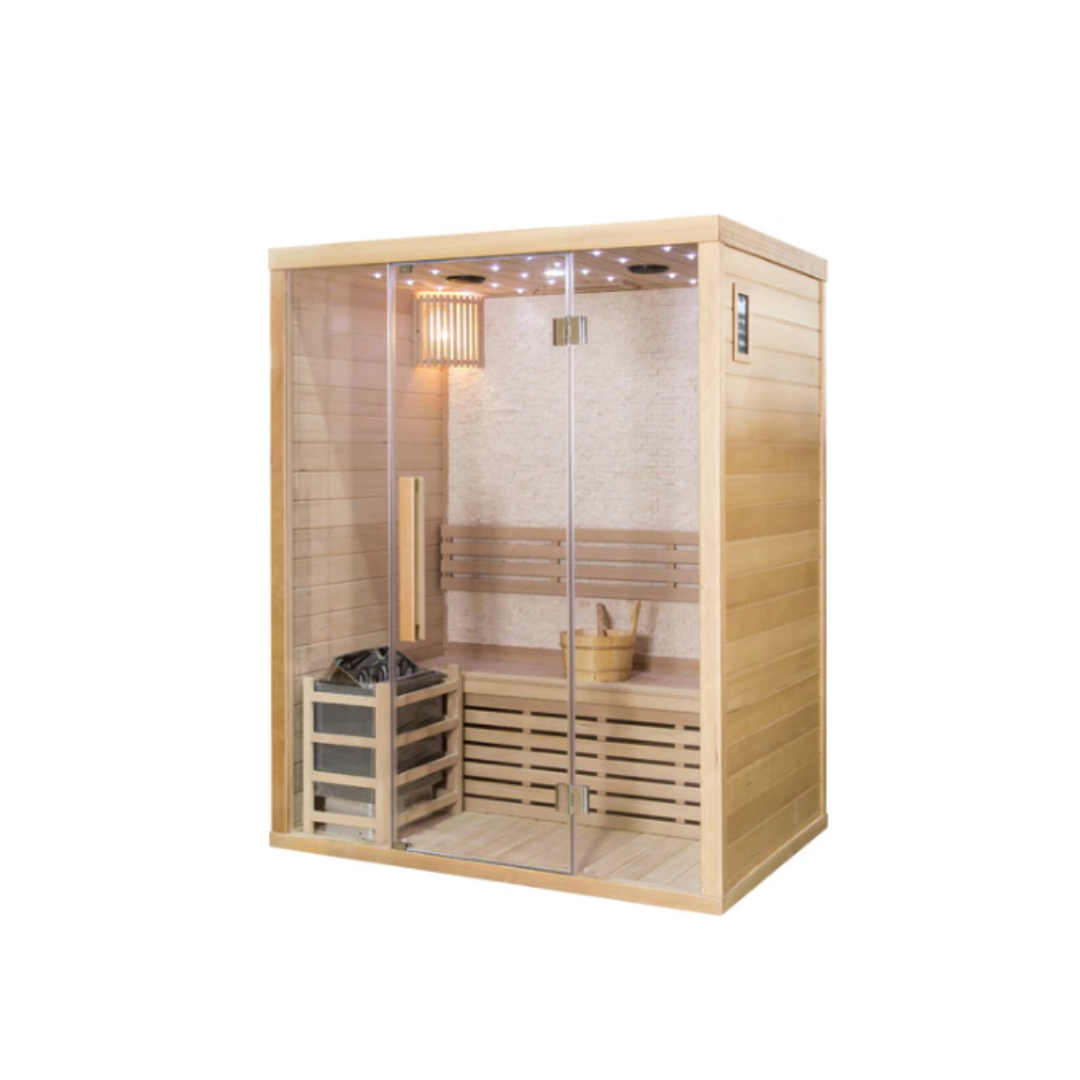 Canadian Hemlock Glass Front Indoor Swedish Wet & Dry Traditional Steam Sauna – 4.5KW Heater Upgrade for 2 Persons