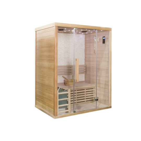 Canadian Hemlock Glass Front Indoor Swedish Wet & Dry Traditional Steam Sauna – 4.5KW Heater Upgrade for 2 Persons