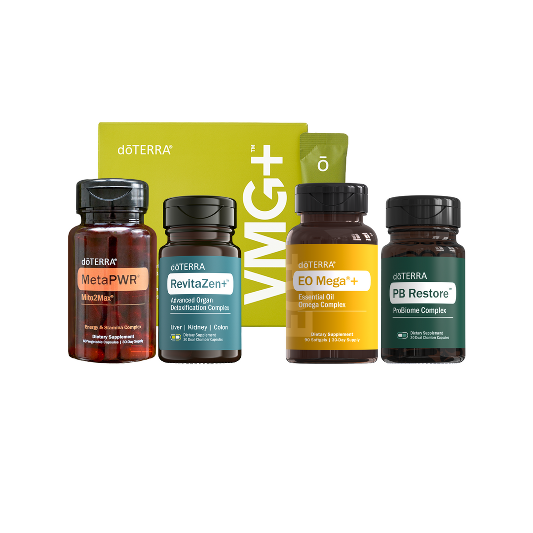doTERRA 90-Day Reset Month 1:  VMG+® Whole-Food Nutrient Complex, EO Mega+® Essential Oil Omega Complex, PB Restore® ProBiome Complex, MetaPWR Mito2Max® Energy & Stamina Complex, RevitaZen+™ Advanced Organ Detoxification Complex