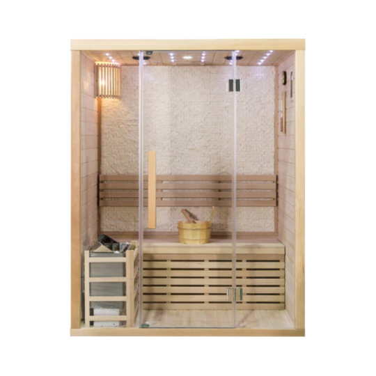 Canadian Hemlock Glass Front Indoor Swedish Wet & Dry Traditional Steam Sauna – 4.5KW Heater Upgrade for 2 Persons