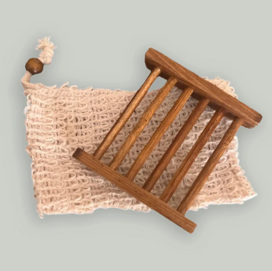Bamboo Soap Ladder and Eco-Conscious Mesh Exfoliating Bag