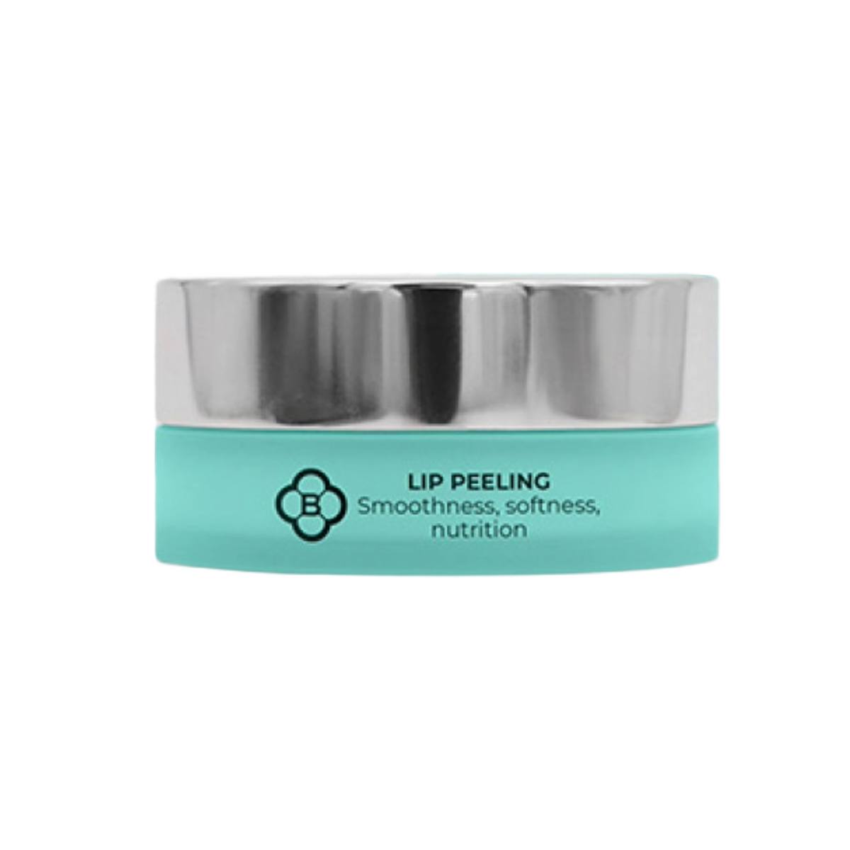 Lip peeling product with silver lid and teal container on a white background
