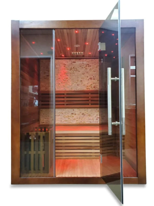 Canadian Red Cedar Wet Dry Traditional Indoor Swedish Steam Sauna SPA 6KW Harvia Heater for 2 Persons with red lights inside