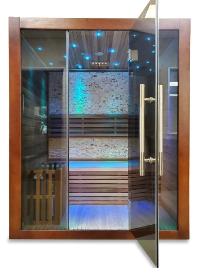 Canadian  Red Cedar Wet Dry Traditional Indoor Swedish Steam Sauna SPA 6KW Harvia Heater for 2 Persons in blue lights inside.