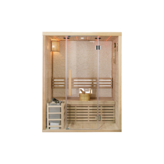 Canadian Hemlock Glass Front Indoor Swedish Wet & Dry Traditional Steam Sauna – 4.5KW Heater Upgrade for 2 Persons