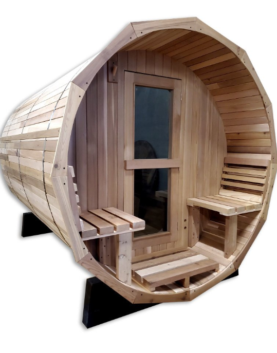 Dundalk Leisurecraft Tranquility Barrel Sauna with a covered porch