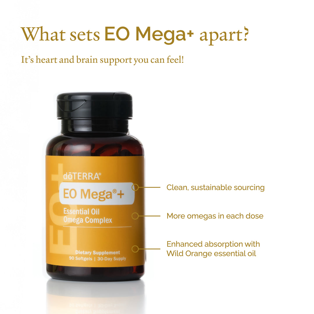 doTERRA EO Mega+ supplement bottle with features highlighted on a white background