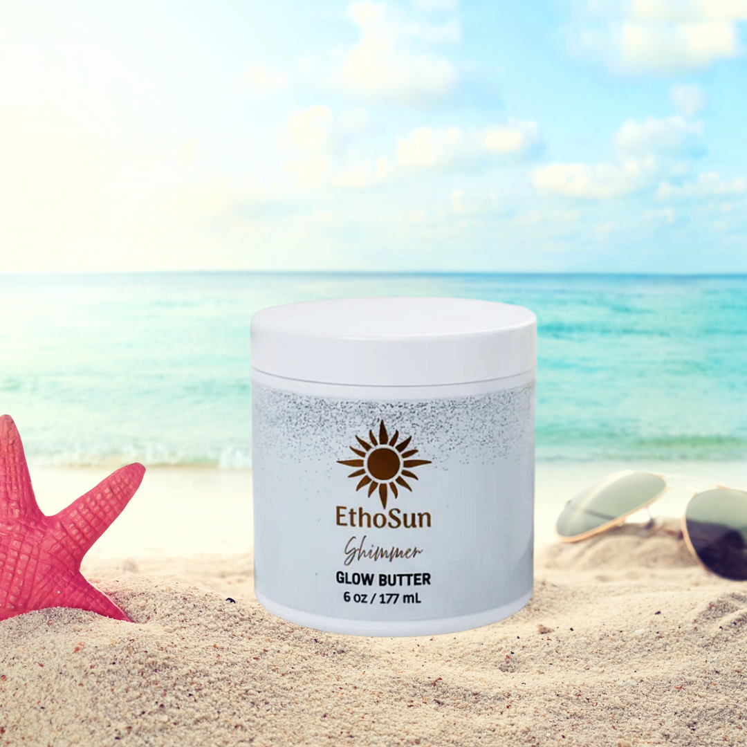 EthoSun glow butter jar on a beach with ocean and starfish in the background