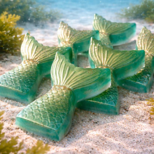 Green mermaid tail soaps on a sandy surface with blurred greenery in the background