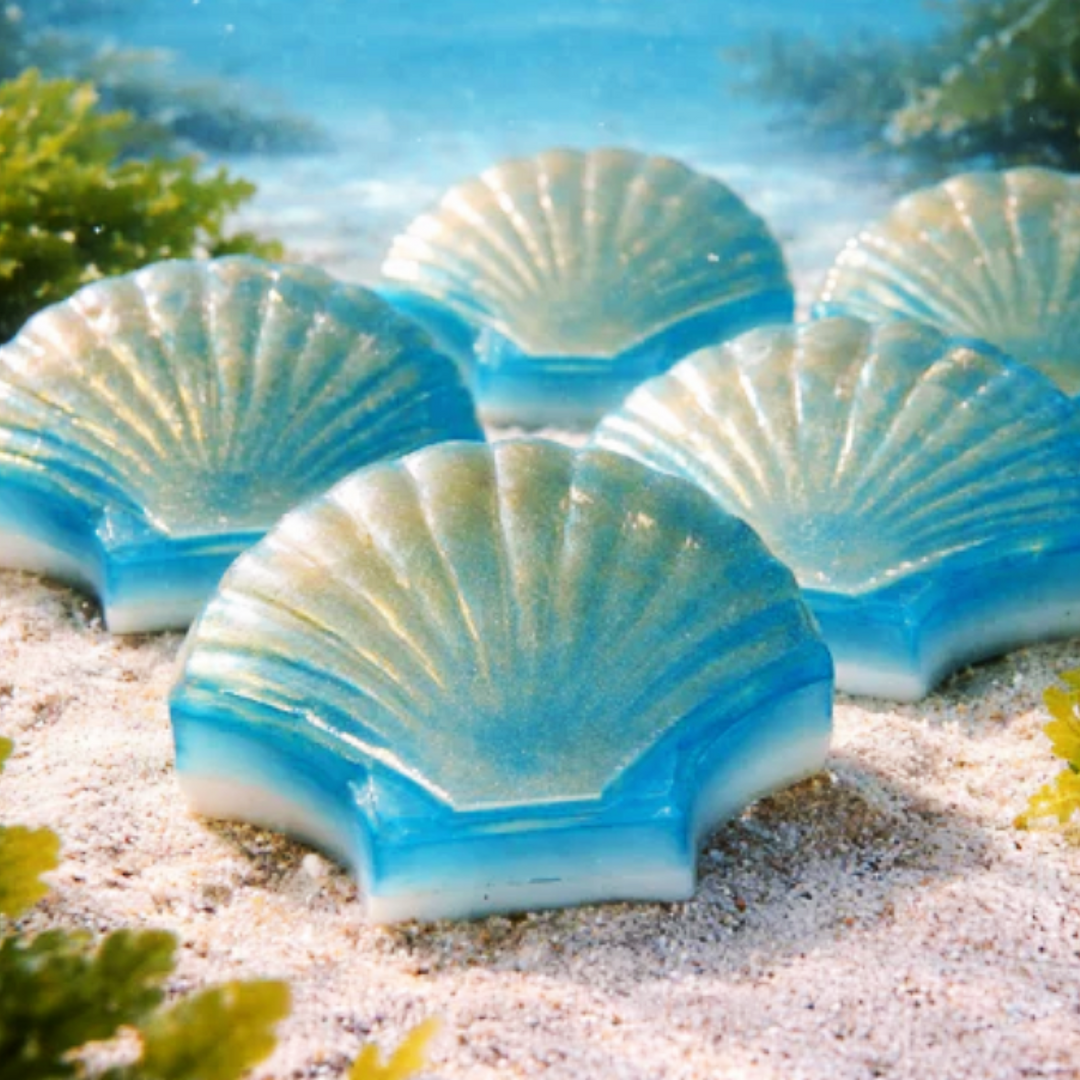 Shell-shaped blue and green soap bars on a sandy beach with ocean view