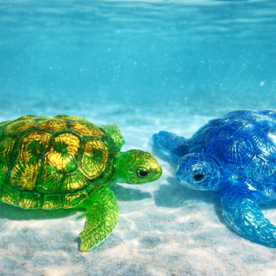 Two transparent turtle toys, one green and one blue, floating in clear water.