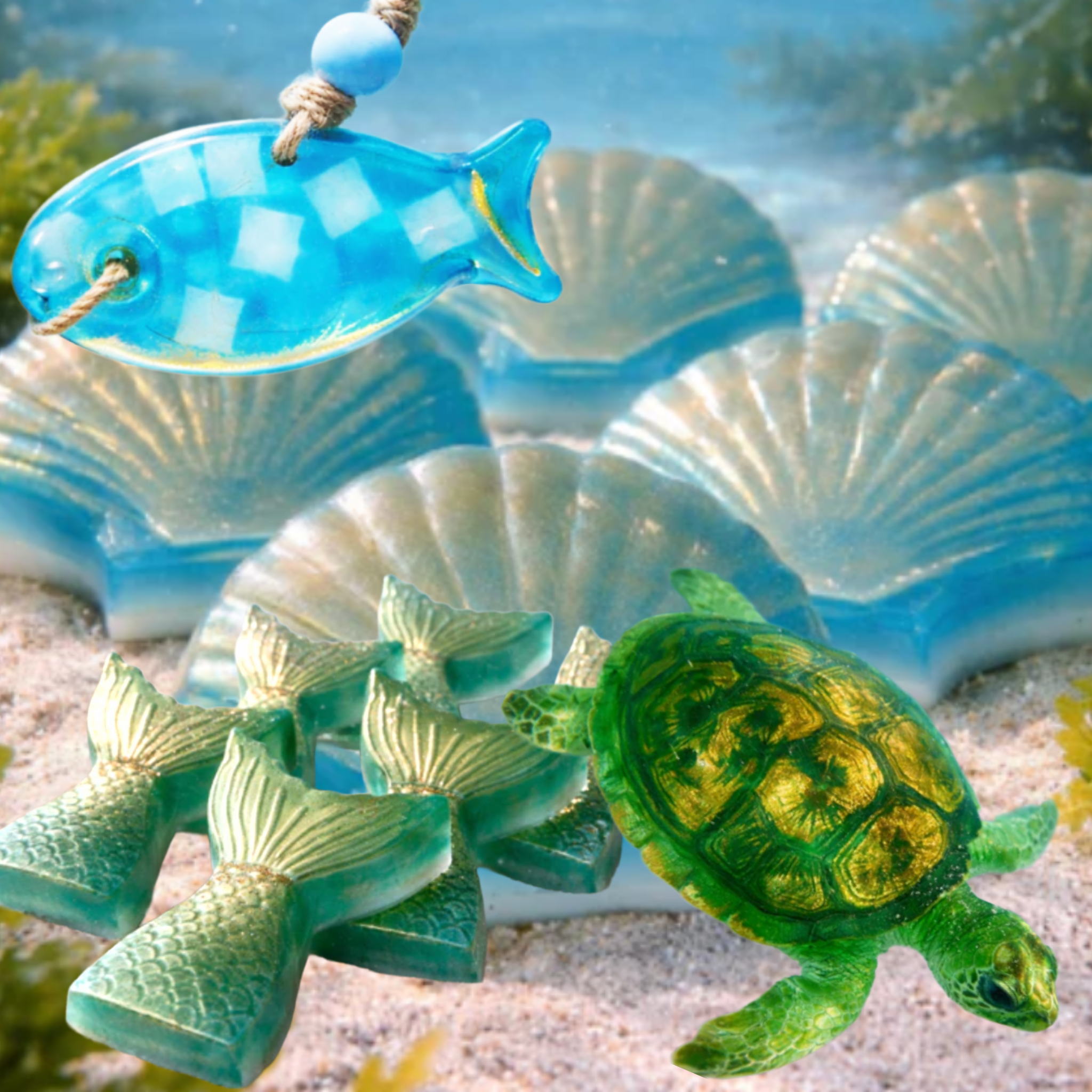 Decorative sea-themed items including a blue fish, green turtle, and mermaid tails on a sandy background.