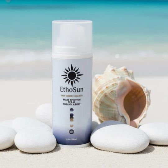 EthoSun Daily Mineral Sunscreen SPF 40 for Face &Body 3.4oz woth stone & shell background