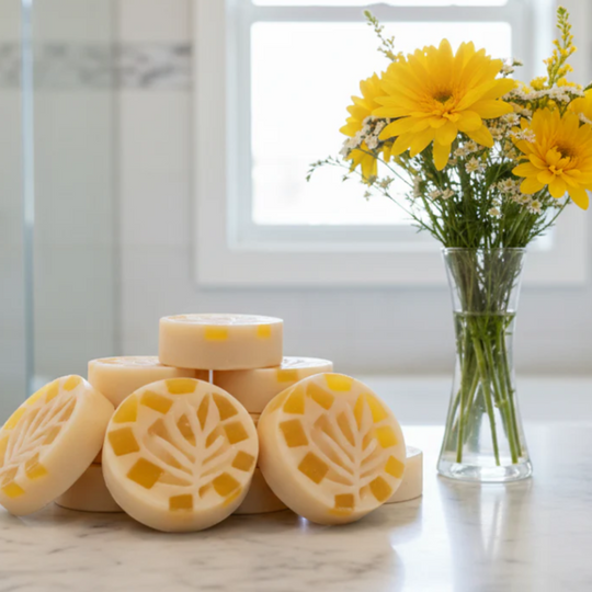 EthoSun Sunkist Zinc Beauty Bar Soap with fresh flower vase background