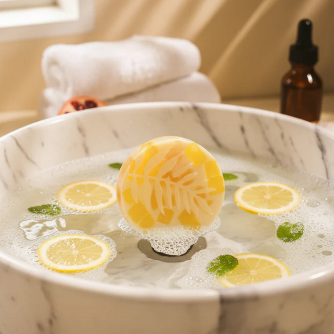 EthoSun Sunkist Zinc Beauty Bar in tub with bubbles and lemon