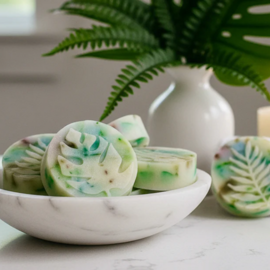 Green leaf-patterned soap bars in a white marble bowl with a plant in the background