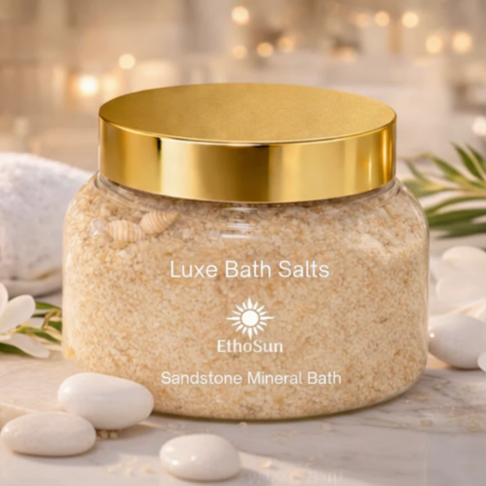 Jar of Luxe Bath Salts with gold lid on a neutral background