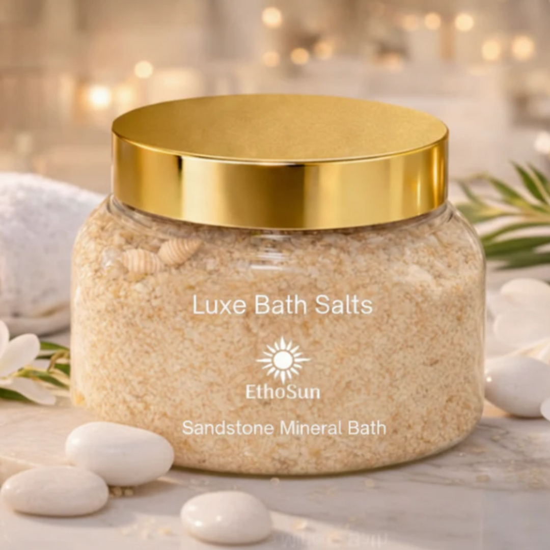 Jar of Luxe Bath Salts with gold lid on a neutral background