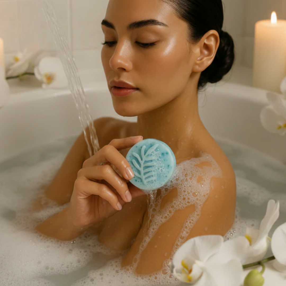 Woman in a bathtub holding a blue exfoliating pad with a leaf design.