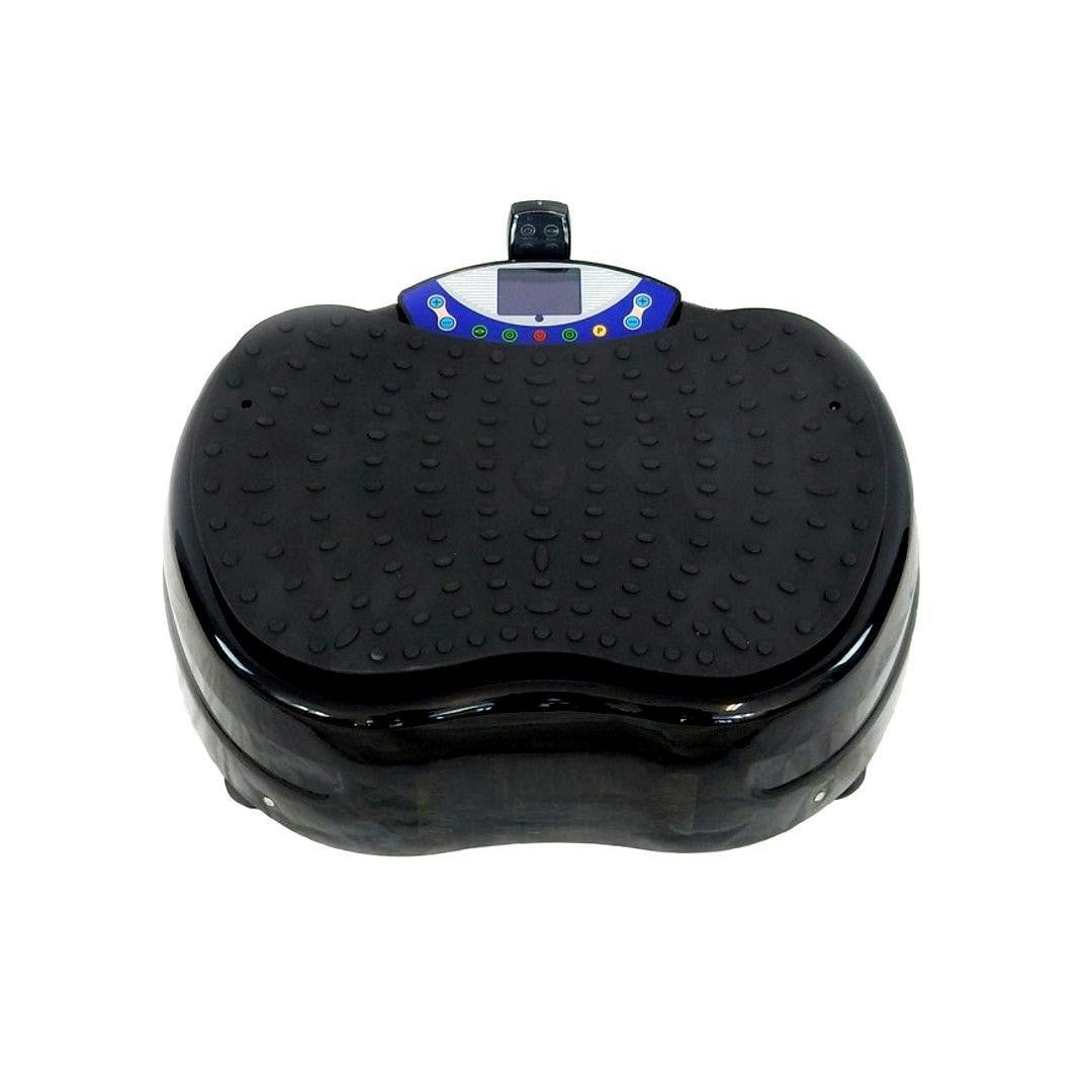 A black 1500w vibration plate exercise machine with a textured non-slip rubber pad and a blue control panel with a small digital display, shown on a plain white background.