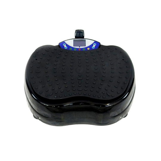 A black 1500w vibration plate exercise machine with a textured non-slip rubber pad and a blue control panel with a small digital display, shown on a plain white background.