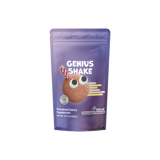 Genius Shake Powdered Dietary Supplement Net wt. 14.11 oz ( 400 g) Protein, Probiotic Fiber, Omega 3, Multivitamis, Vegetables & Fruits, Iron and Calcium Natural Chocolate Flavored No Sugar Added