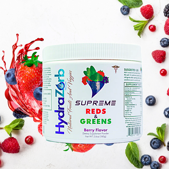 HydraZorb Supreme Reds & Greens Berry Flavor Natural Fruits & Veggies Dietary Supplement Powder with background