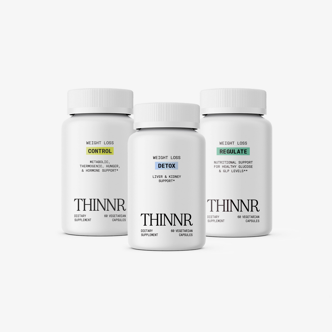 Three bottles THINNR Dietary Supplement   with white background. The bottles are labeled Control-metabolic, thermogenic, hunger & hormone support.  Detox- Liver & Kidney Support, and Regulate - Nutritional Support for healthy Glucose. 60 Vetetarian Capsules