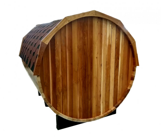 Outdoor cedar wood barrel sauna with a shingled roof
