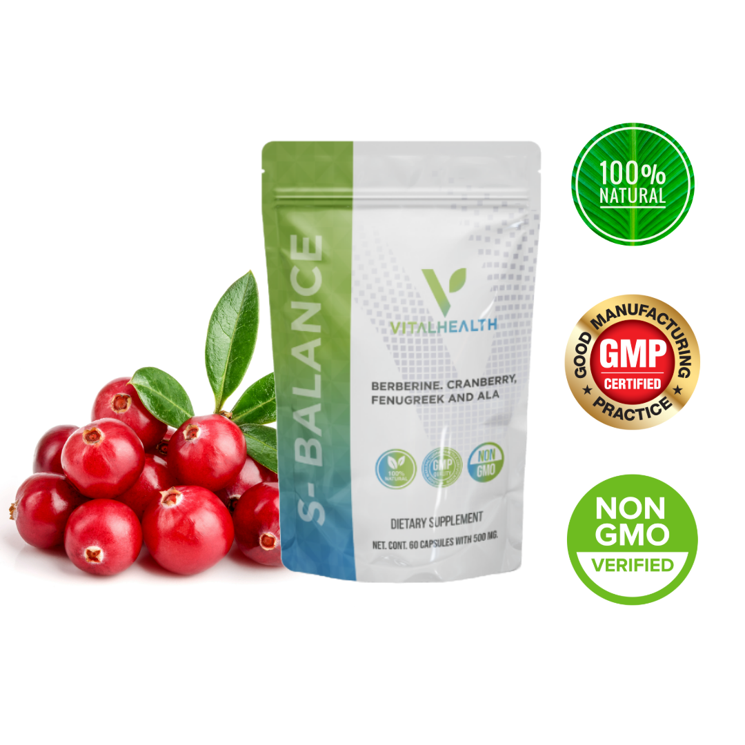 VITALHEALTH S-BALANCE berberine cranberry, fenugreek and ALA Dietary Supplement 60 capsules Non GMO verified, GMP Certified, 100% Natural Ingredients